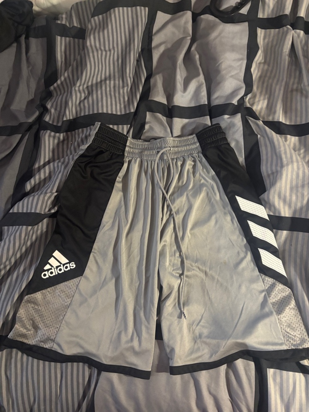 adidas Gray and Black Athletic Shorts with White Logo Stripes